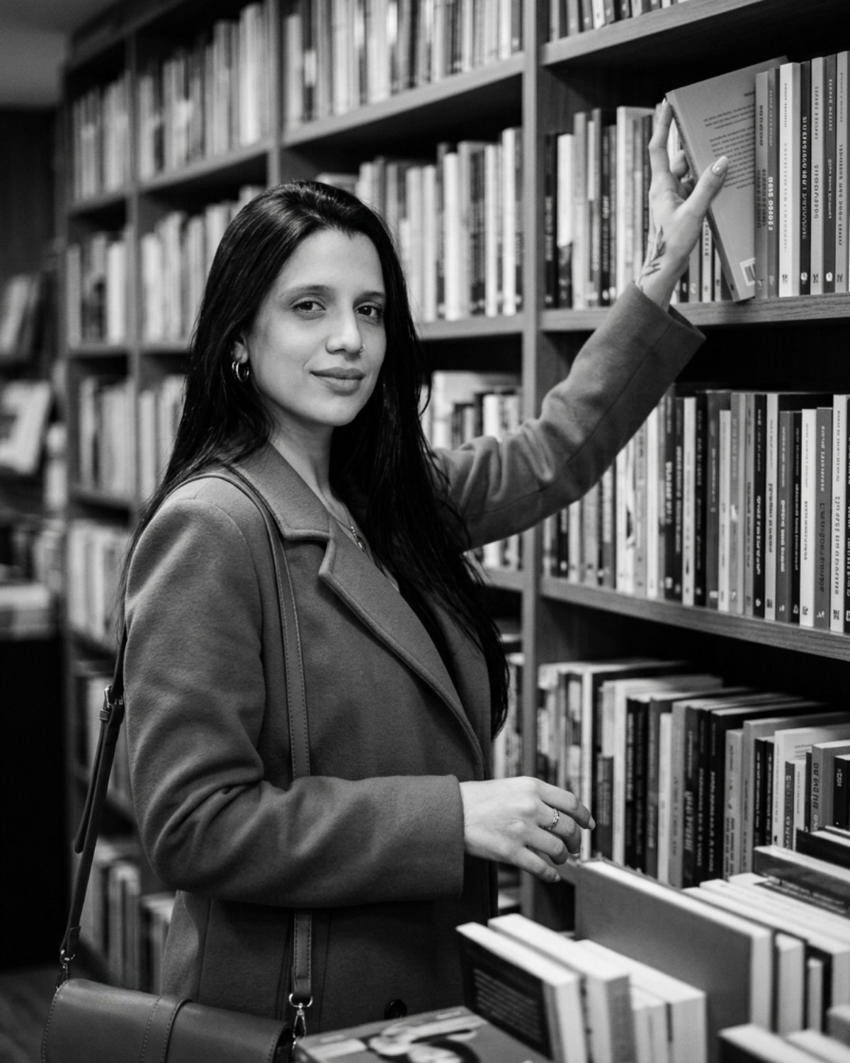 Giselli Duarte em uma livraria — retrato em preto e branco.