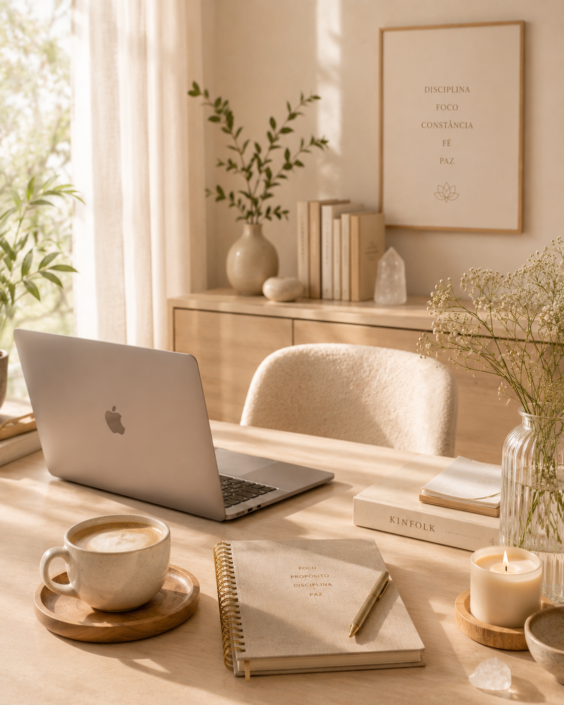 Ambiente de trabalho iluminado — laptop, caderno e xícara de café.