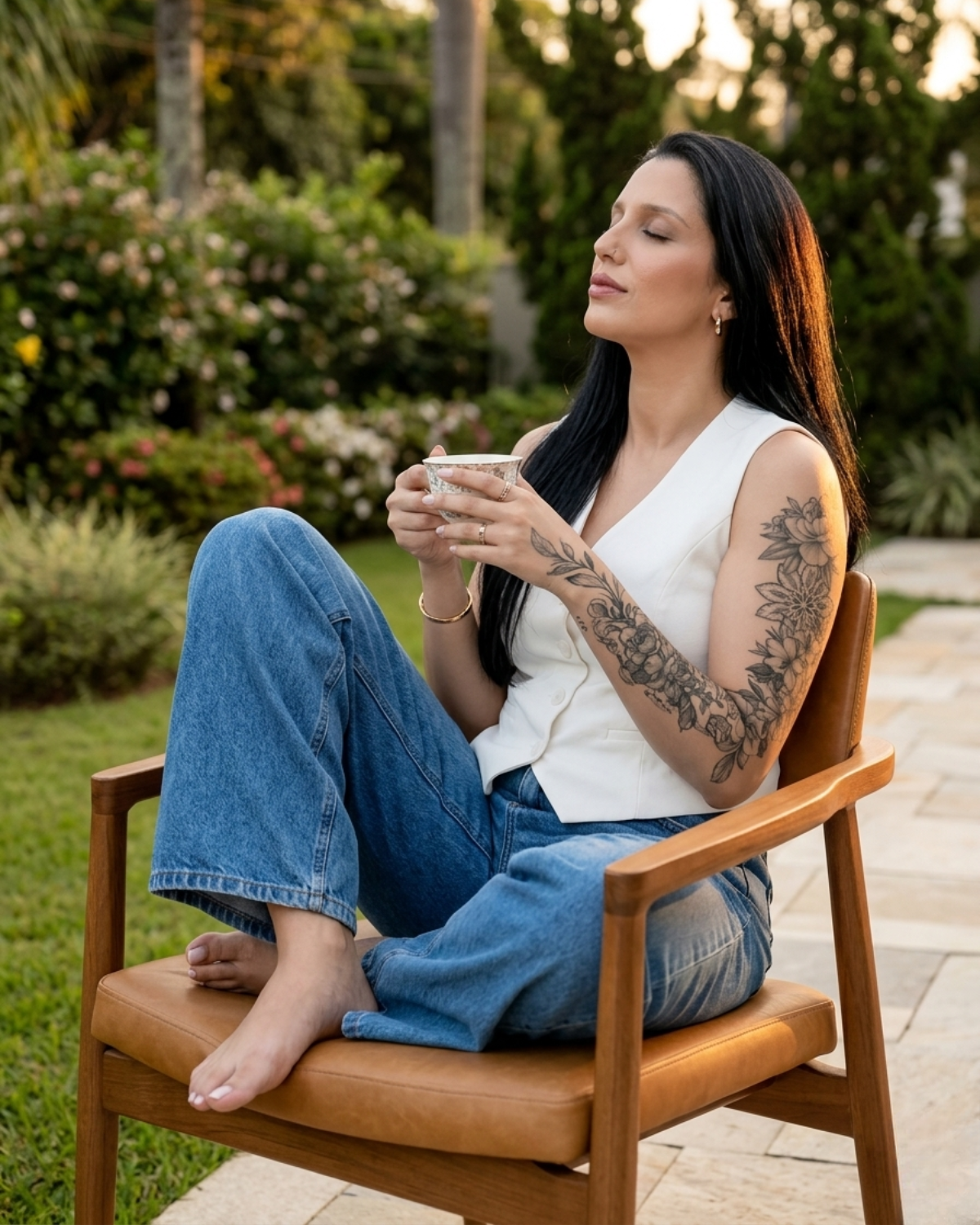 Retrato de Giselli Duarte em jardim, com xícara nas mãos.