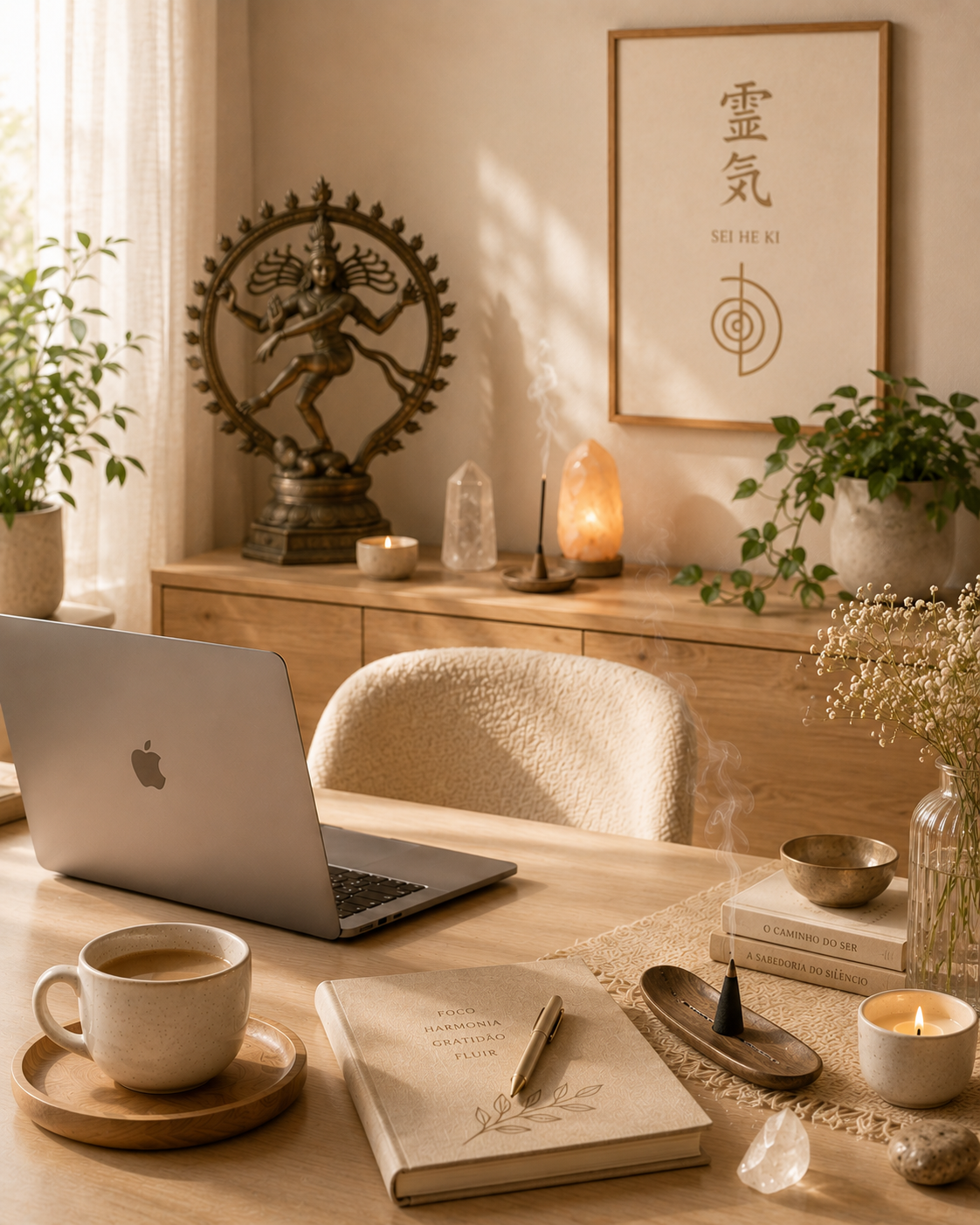 Escritório de Giselli Duarte — laptop e um quadro de Reiki.