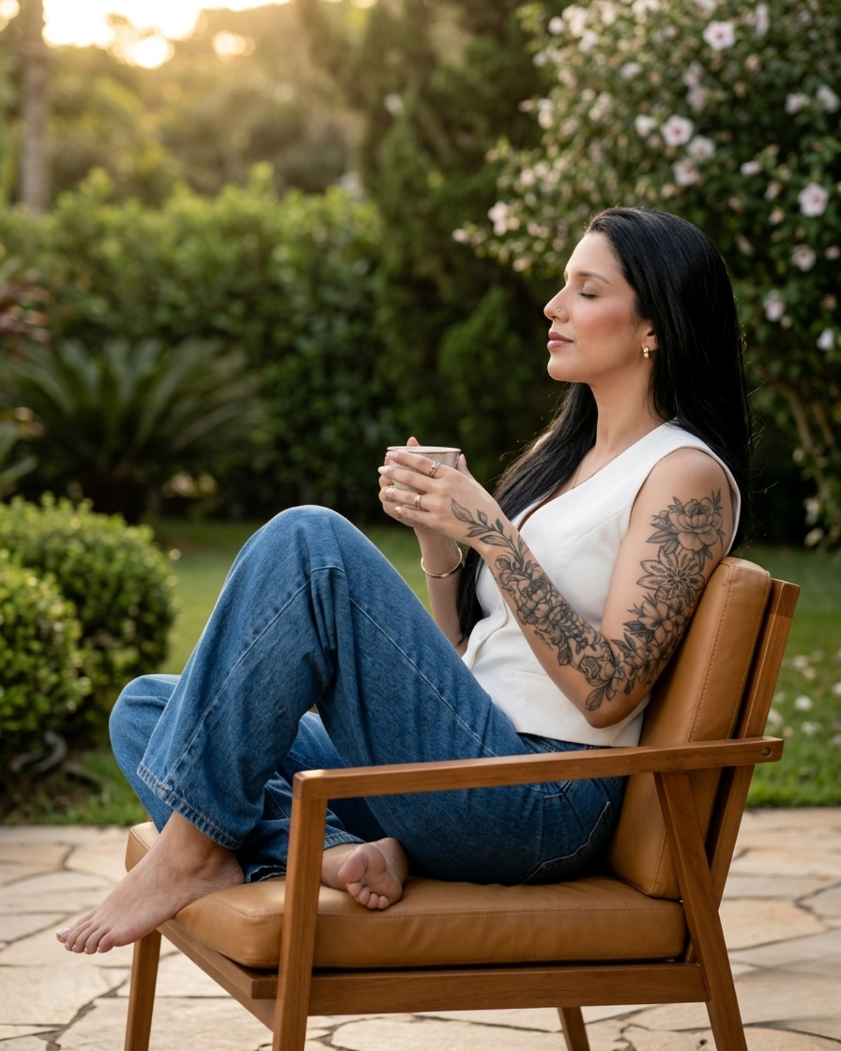 Giselli Duarte em jardim ao entardecer — trajetória e recomeços.